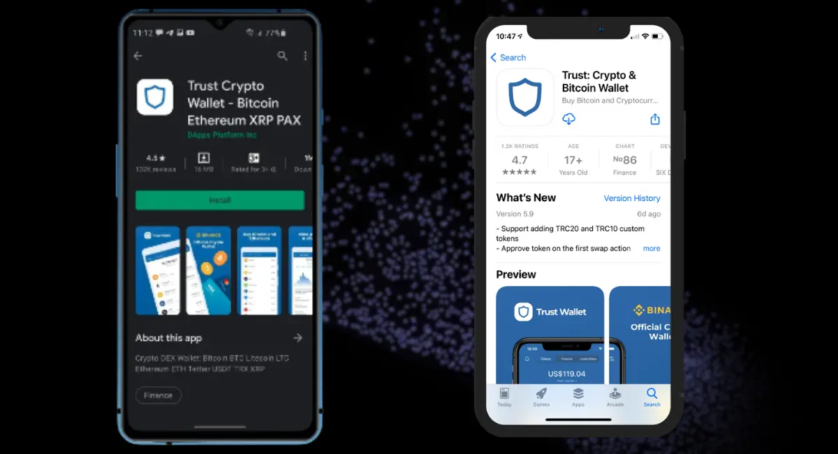 Interfaz de descarga de Trust Wallet para Android e iOS