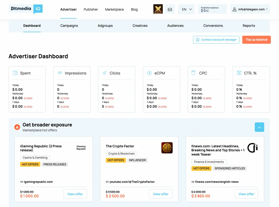 Bitmedia.io crypto advertising platform and Web3 marketing dashboard
